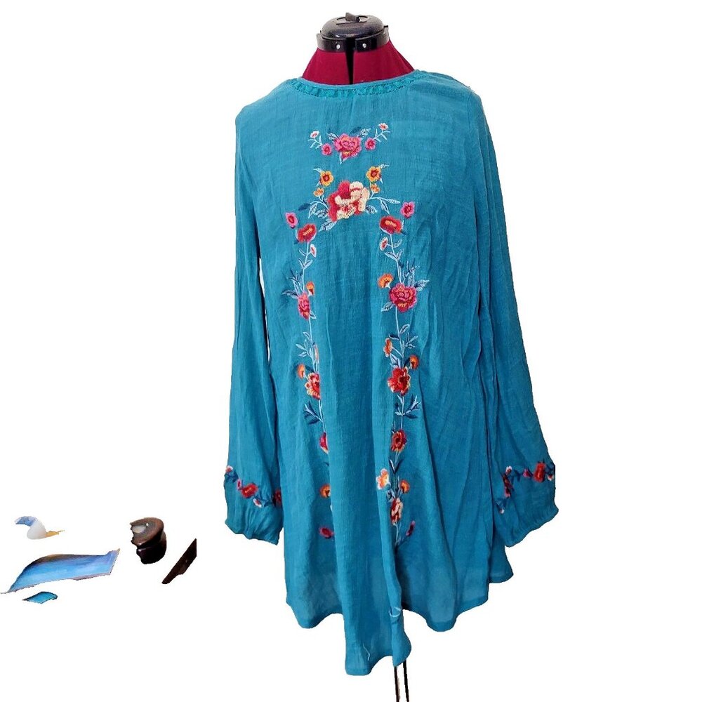Umgee Women's Large Teal Peacock Floral Embroidered Tunic Mini Dress Boho L